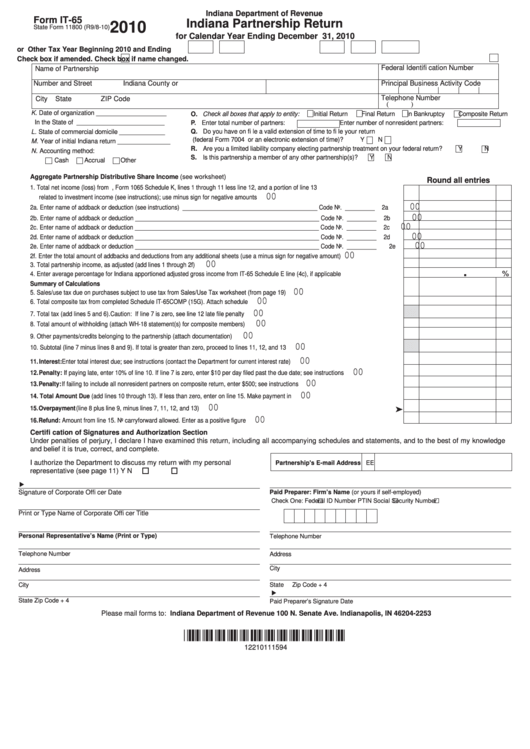 Fillable Form It-65 - Indiana Partnership Return - 2010 Printable pdf