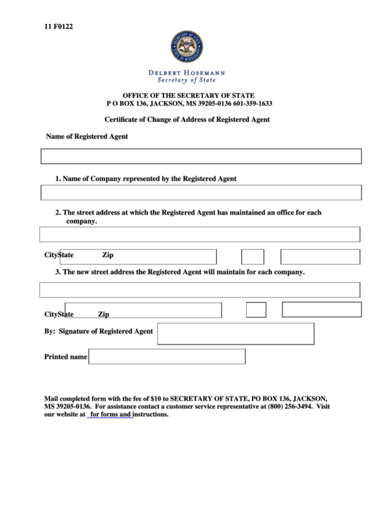 Fillable Form 11 F0122 - Certificate Of Change Of Address Of Registered Agent Printable pdf
