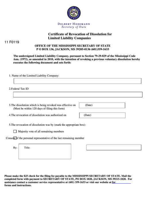 Form 11 F0119 - Certificate Of Revocation Of Dissolution For Limited Liability Companies Printable pdf