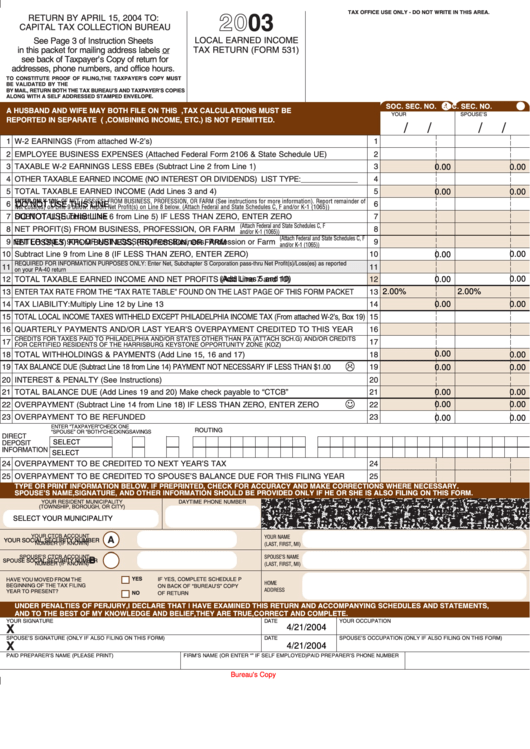 Fillable Form 531 - Local Earned Income Tax Return - 2003 Printable pdf