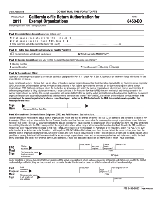 Fillable Form 8453-Eo - California E-File Return Authorization For Exempt Organizations - 2011 Printable pdf