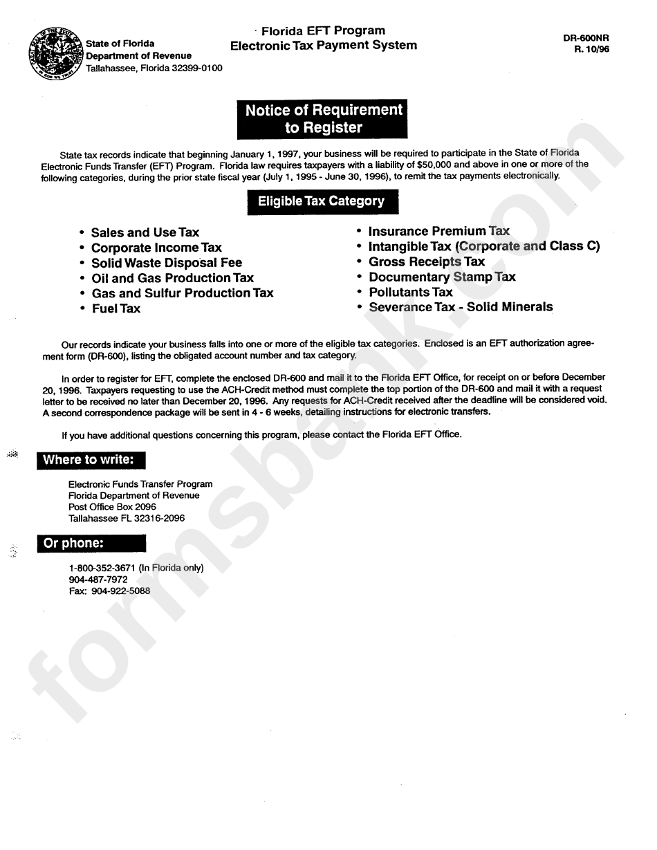 Form Dr-600nr - Notice Of Requirement To Register - Florida Eft