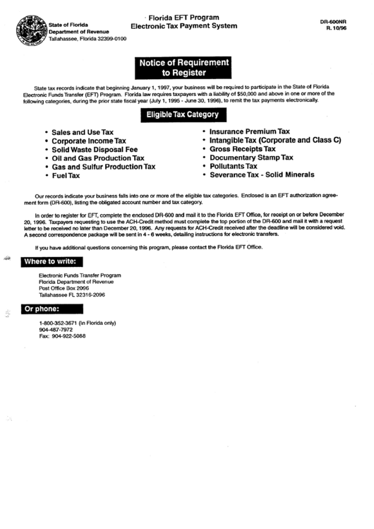Form Dr-600nr - Notice Of Requirement To Register - Florida Eft Printable pdf
