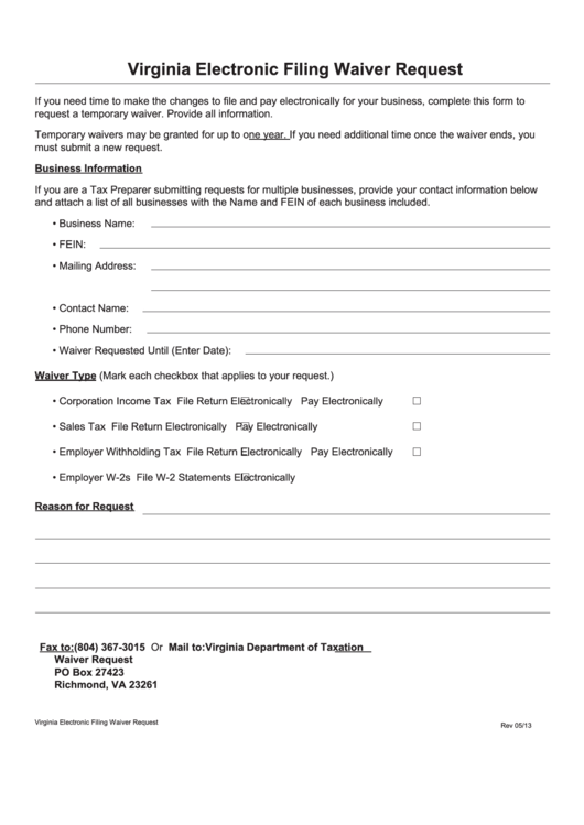 Electronic Filing Waiver Request Form - Virginia Printable pdf