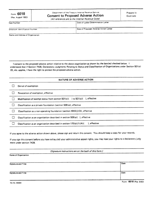 Form 6018 - Consent To Proposed Adverse Action Printable pdf