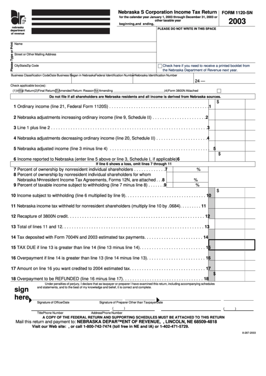 Form 1120-Sn - Nebraska S Corporation Income Tax Return - 2003 Printable pdf