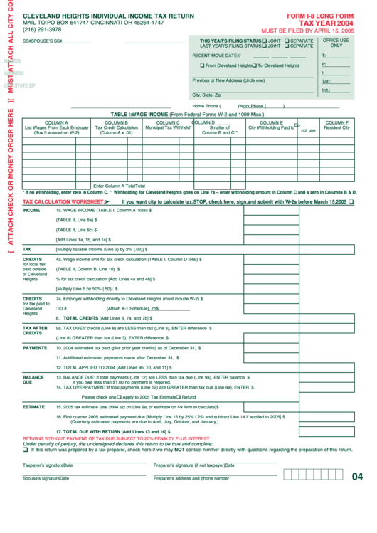Form I-8 Long - Cleveland Heights Individual Income Tax Return - 2004 Printable pdf