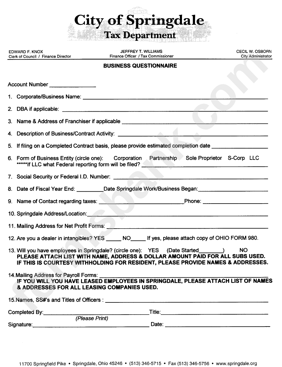 Business Questionnaire - City Of Springdale