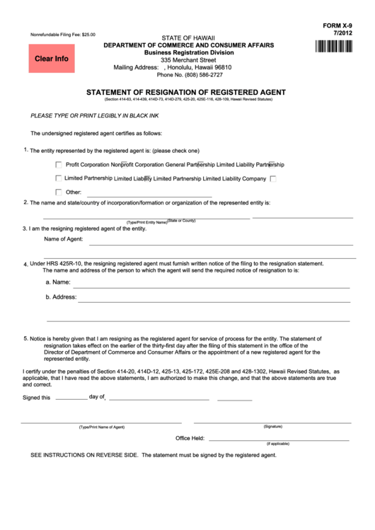 Fillable Form X-9 - Statement Of Resignation Of Registered Agent Printable pdf