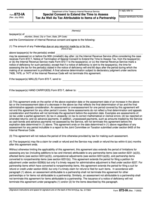 Fillable Form 872-Ia - Special Consent To Extend The Time To Assess Tax As Well As Tax Attributable To Items Of A Partnership Printable pdf