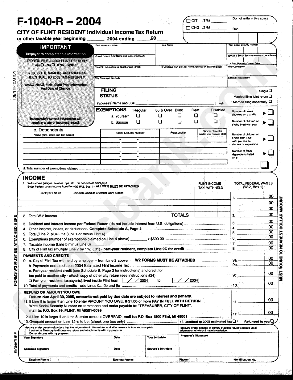 Form F-1040-R - City Of Flint Resident Individual Income Tax Return - 2004