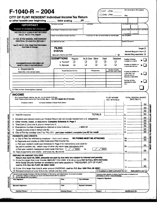 Form F-1040-R - City Of Flint Resident Individual Income Tax Return - 2004 Printable pdf