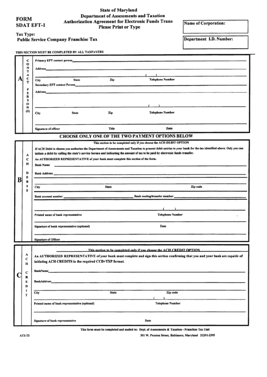 Form Sdat Eft-1 - Authorization Agreement For Electronic Funds Trans Printable pdf