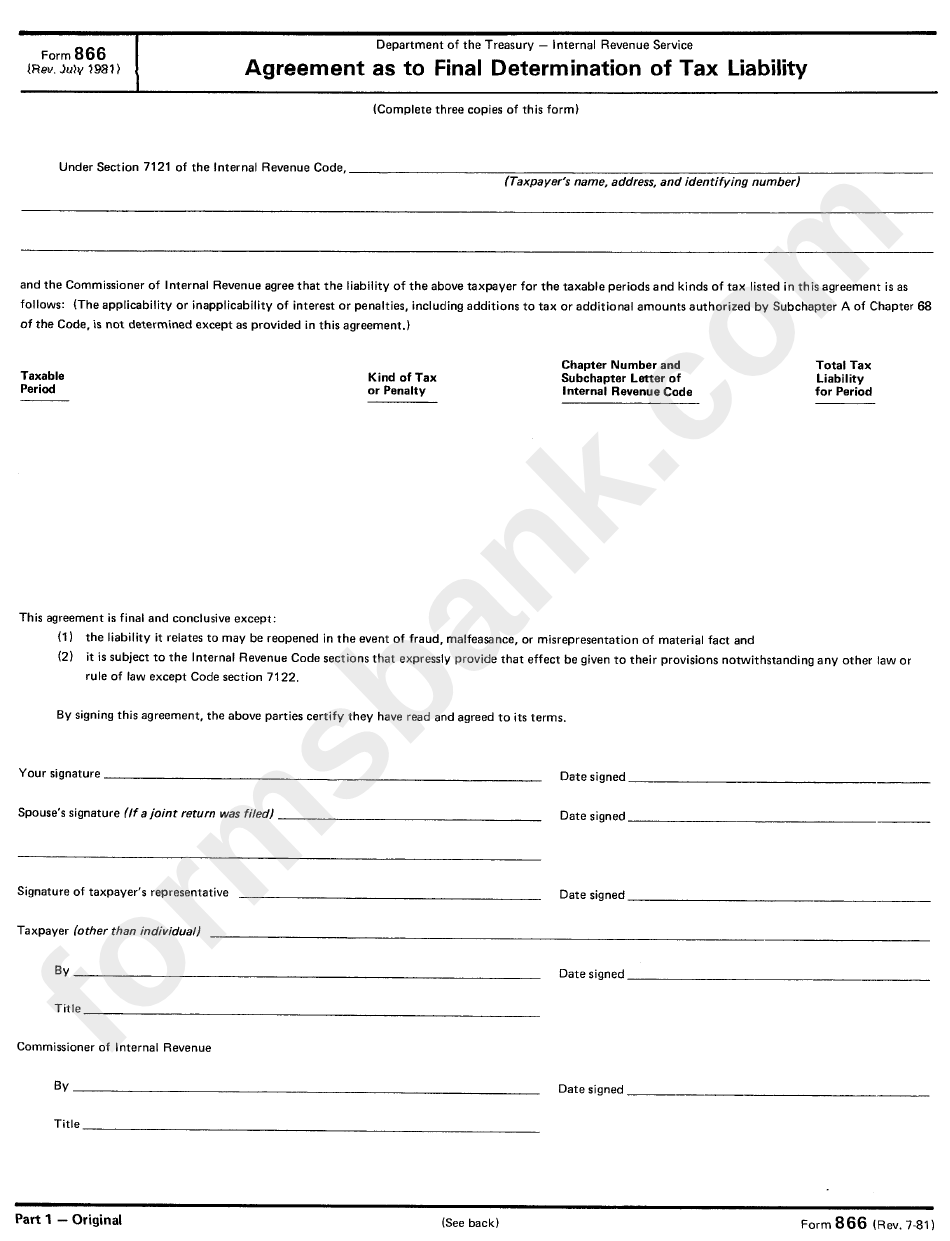 Form 866 - Agreement As To Final Teremination Of Tax Liability