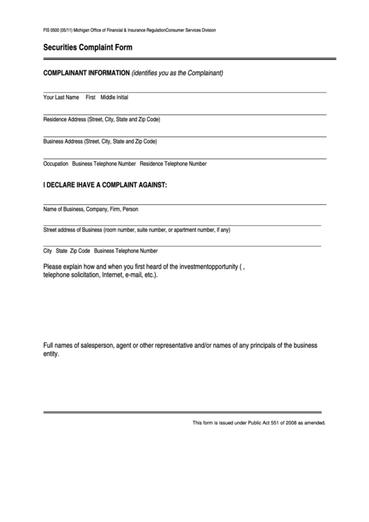 Fillable Form Fis 0500 - Securities Complaint Form Printable pdf