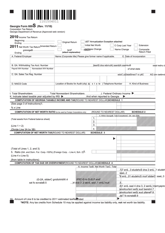 Fillable Georgia Form 600s - Corporation Tax Return - 2010/2011 ...