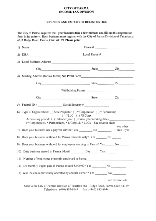 Business And Employer Registration - City Of Parma printable pdf download