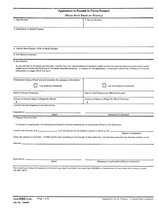 Form 9365 - Application To Proceed In Forma Pauperis Printable pdf