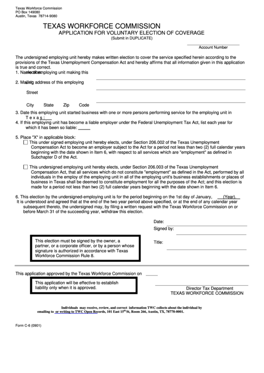 Form C-6 - Application For Voluntary Election Of Coverage - Texas Workforce Comission Printable pdf