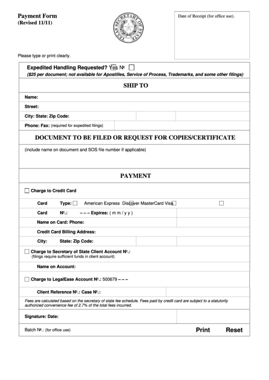 Fillable Payement Form - Texas Secretary Of State Printable pdf