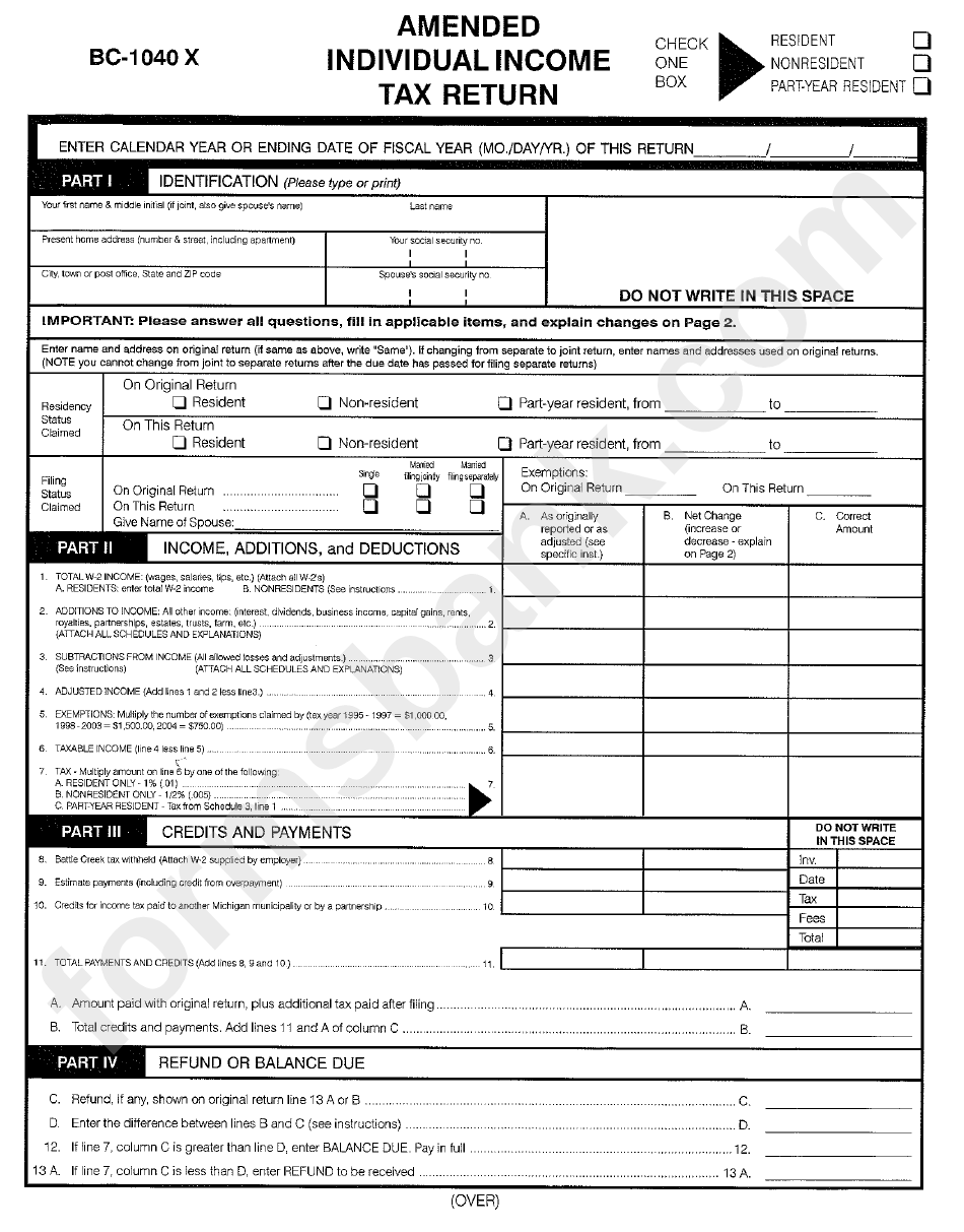 Form Bc-1040-X - Amended Individual Income Tax Return