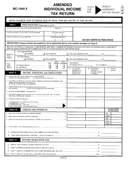 Form Bc-1040-X - Amended Individual Income Tax Return Printable pdf