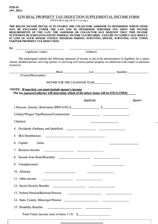 Form Ptd-Si - 250 Real Property Tax Deduction Supplemental Income Form Printable pdf