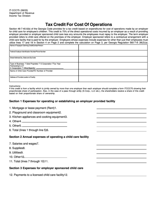 Form It-Ccc75 - Tax Credit For Cost Of Operations Printable pdf