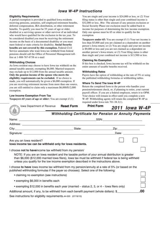 Iowa Form W-4p - Withholding Certificate For Pension Or Annuity Payments - 2011