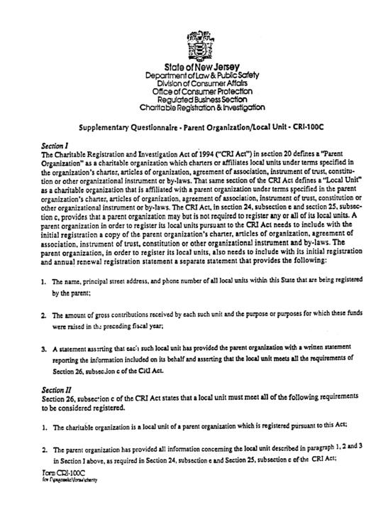 Form Cri-100c - Supplementary Questionnaire - Parent Organization/local Unit Printable pdf