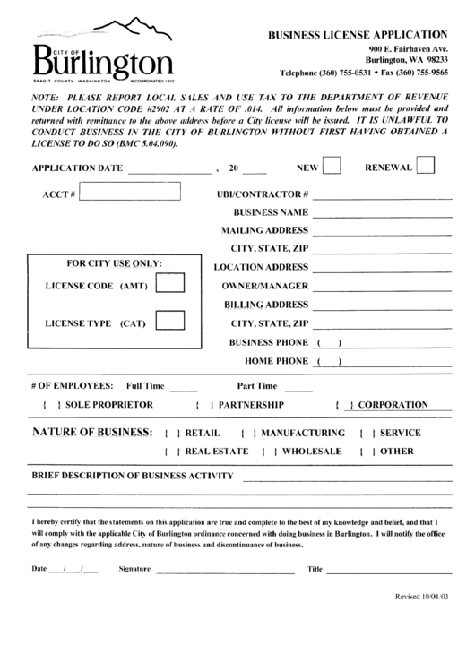 Busines License Application - City Of Burlington Printable pdf
