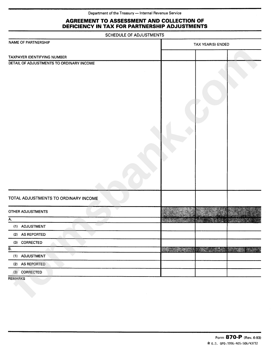 Form 870-P - Agreement To Assessment And Collection Of Deficiency In Tax For Partnership Adjustment