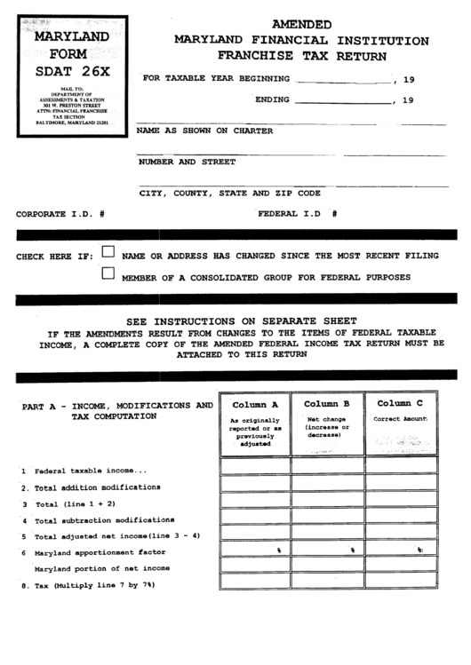 Form Sdat 26x - Amended Financial Institution Franchise Tax Return - Maryland Printable pdf