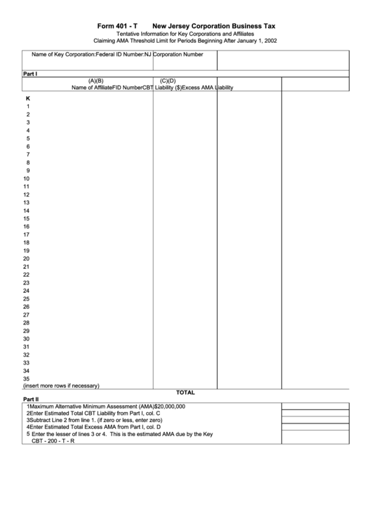 Form 401-T - Corporation Business Tax - New Jersey Printable pdf