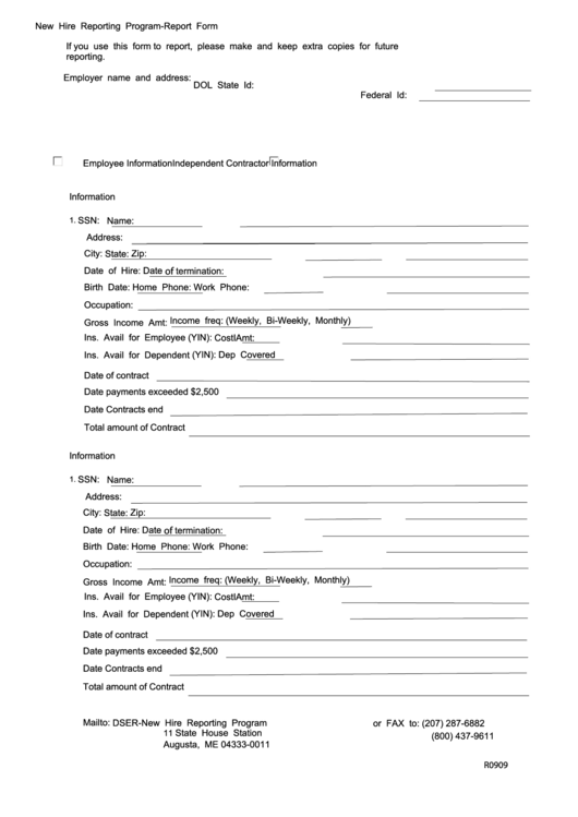 Fillable Form R0909 - New Hire Reporting Program-Report Form Printable pdf