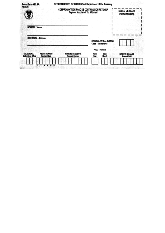 Form 480.9a - Comprobanta De Pago De Contribucion Retendia (Payment Voucher Of Tax Withheld) Printable pdf