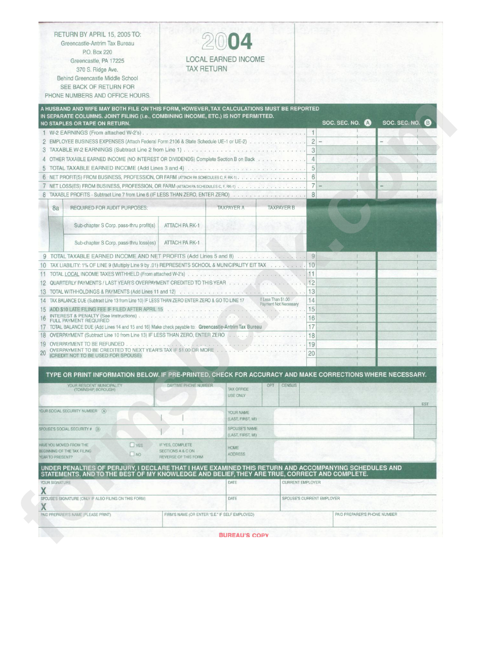 Local Earned Income Tax Return - 2004 - Greencastle