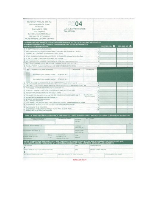 Local Earned Income Tax Return - 2004 - Greencastle Printable pdf