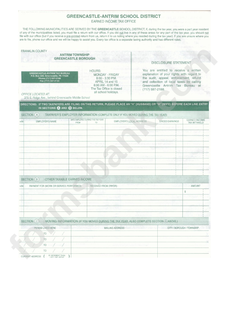 Local Earned Income Tax Return - 2004 - Greencastle