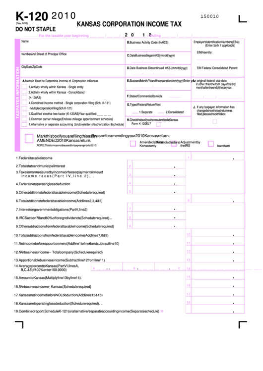 Form K-120 - Kansas Corporation Income Tax - 2010 Printable pdf