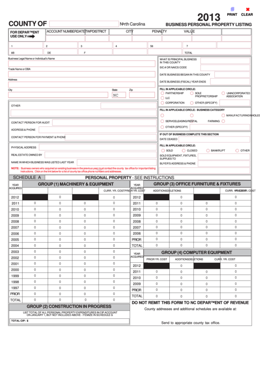 Fillable Business Personal Property Listing Form - North Carolina - 2013 Printable pdf