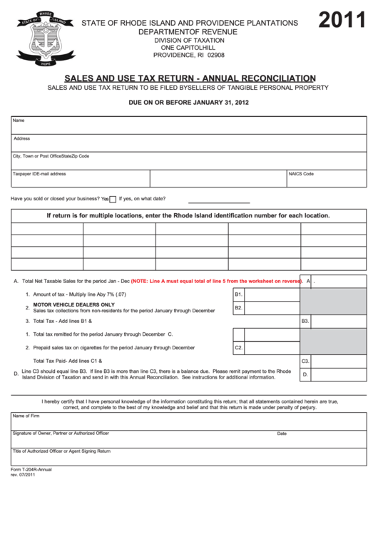 Form T-204r-Annual - Sales And Use Tax Return - Annual Reconciliation - 2011 Printable pdf