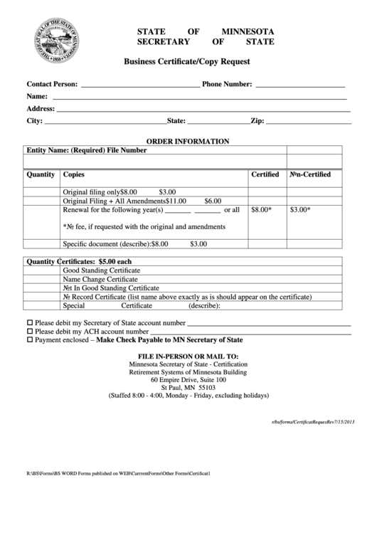 Business Certificate/copy Request - Minnesota Secretary Of State - 2013