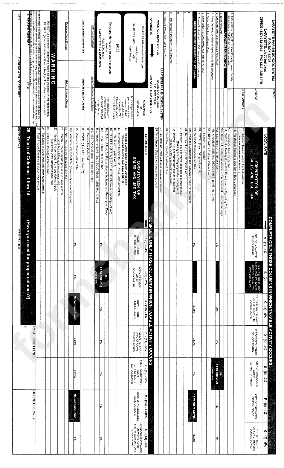 Computation Of Sales And Use Tax Lafayette Parish printable pdf download