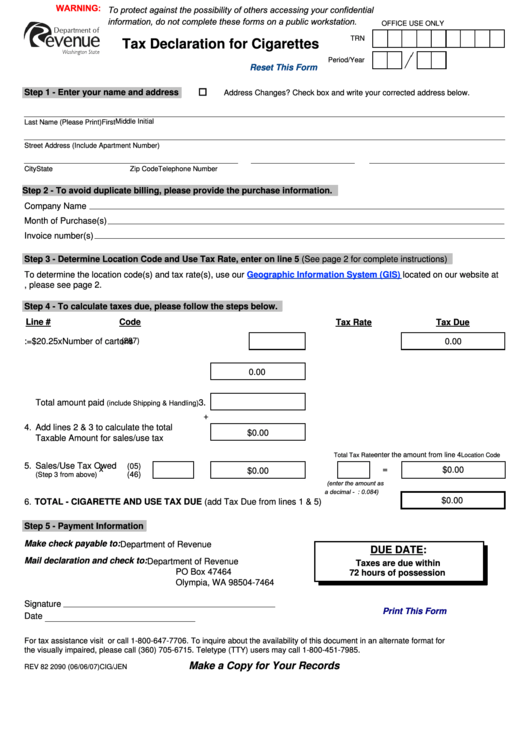 Fillable Form Rev 82 2090 - Tax Declaration For Cigarettes Printable pdf