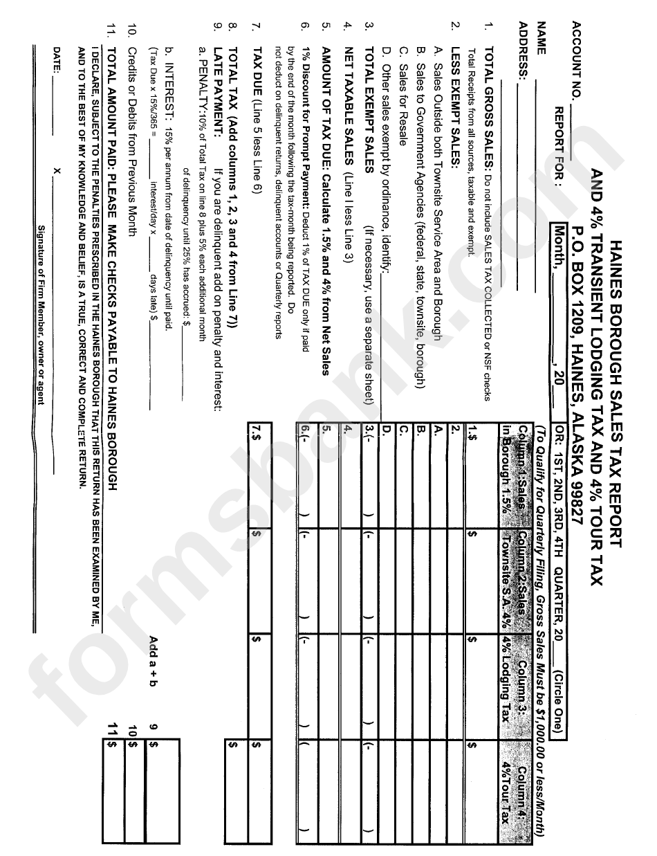 Sales Tax Report Form - 4% Transient Lodging And 4% Tour Tax - City Of Haines Borough