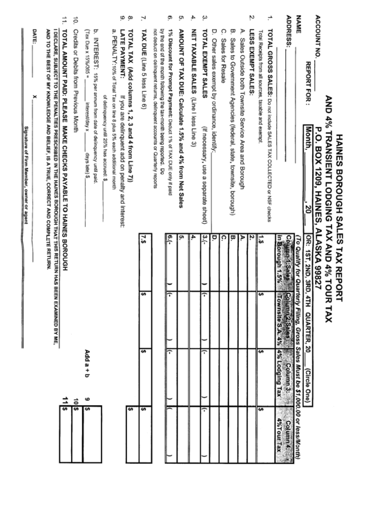 Sales Tax Report Form - 4% Transient Lodging And 4% Tour Tax - City Of Haines Borough Printable pdf