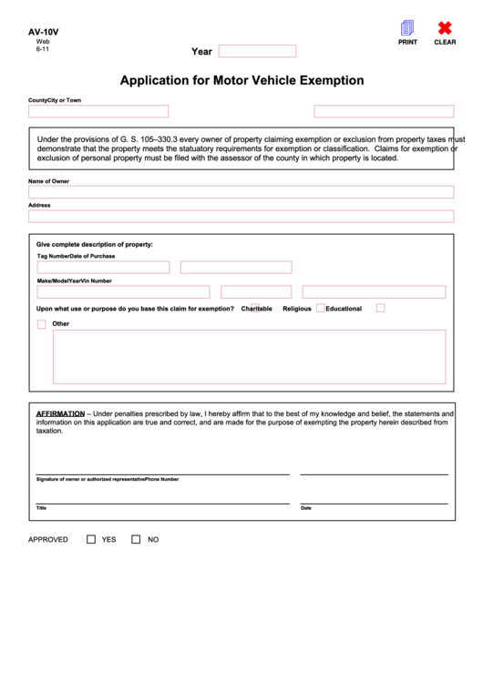 Fillable Form Av-10v - Application For Motor Vehicle Exemption Printable pdf