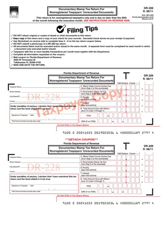 Form Dr-228 - Documentary Stamp Tax Return For Nonregistered Taxpayers
