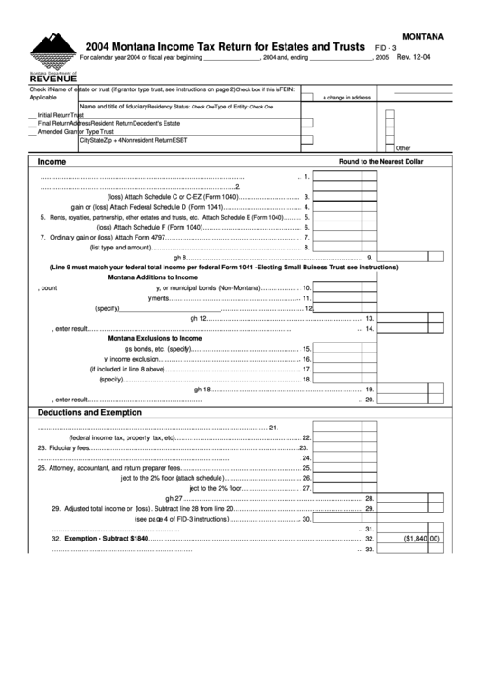 Fillable Form Fid-3 - Montana Income Tax Return For Estates And Trusts - 2004 Printable pdf